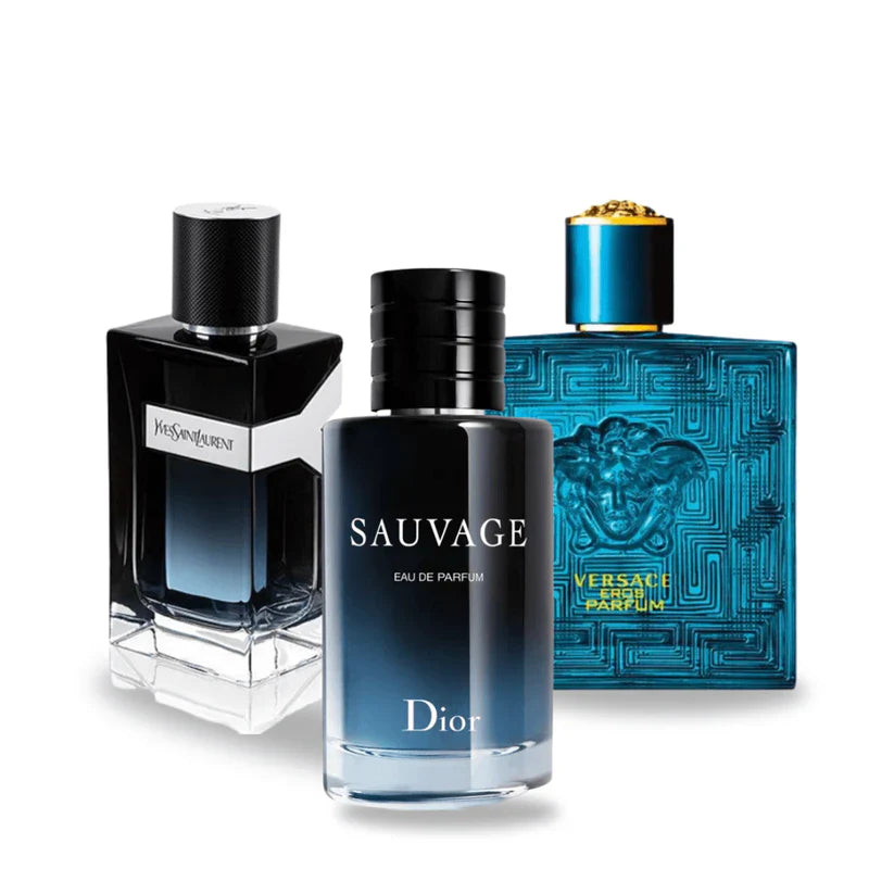 Sada 3 parfémů perfumes Dior SAUVAGE, Yves Saint Laurent Y MEN e Versace EROS 100ml